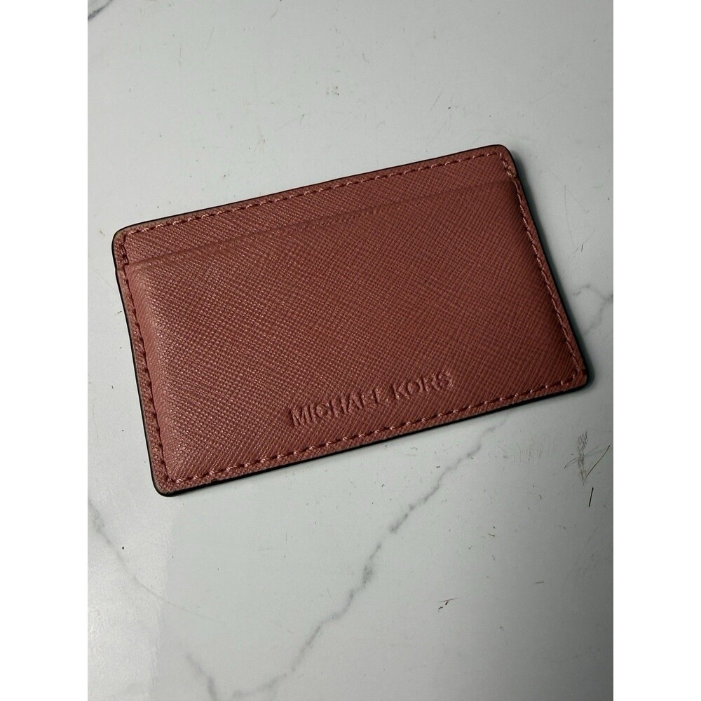 Michael Kors Jet Set Pebbled Leather Card Case Crimson Pink Wallet Credit Card S